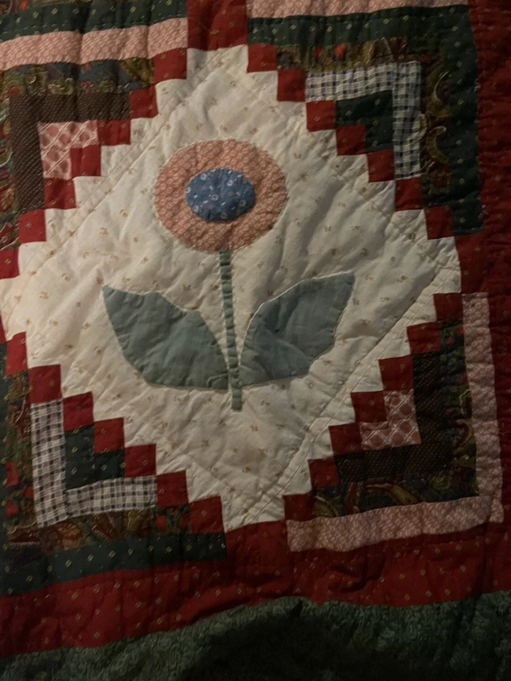 Source Unknown Floral Patchwork Quilt - Red, Green, Cream, Brown, Blue